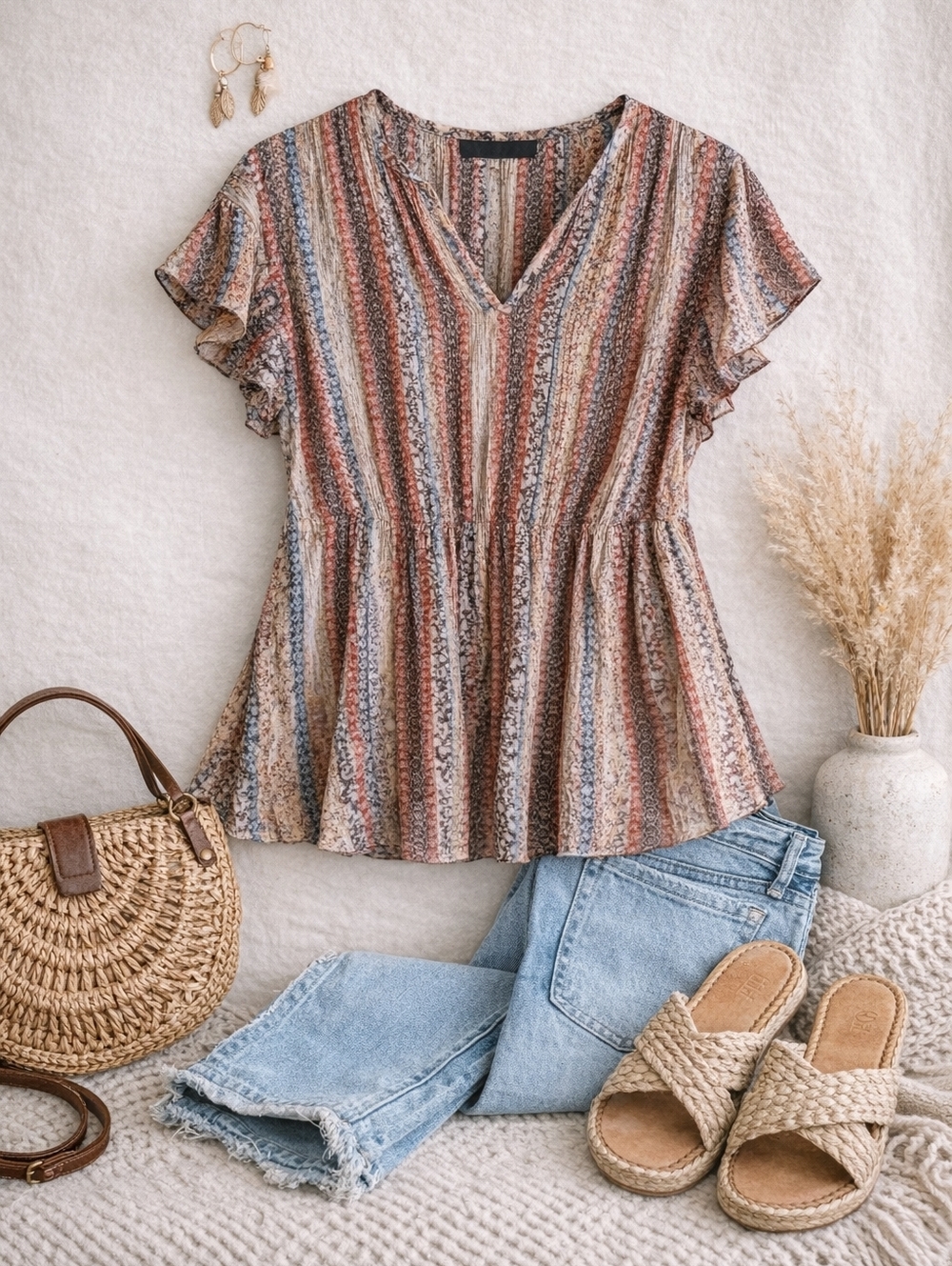 Zac & Rachel Boho Blouse Paisley Stripe V Neck Flutter Sleeve Top Size L
